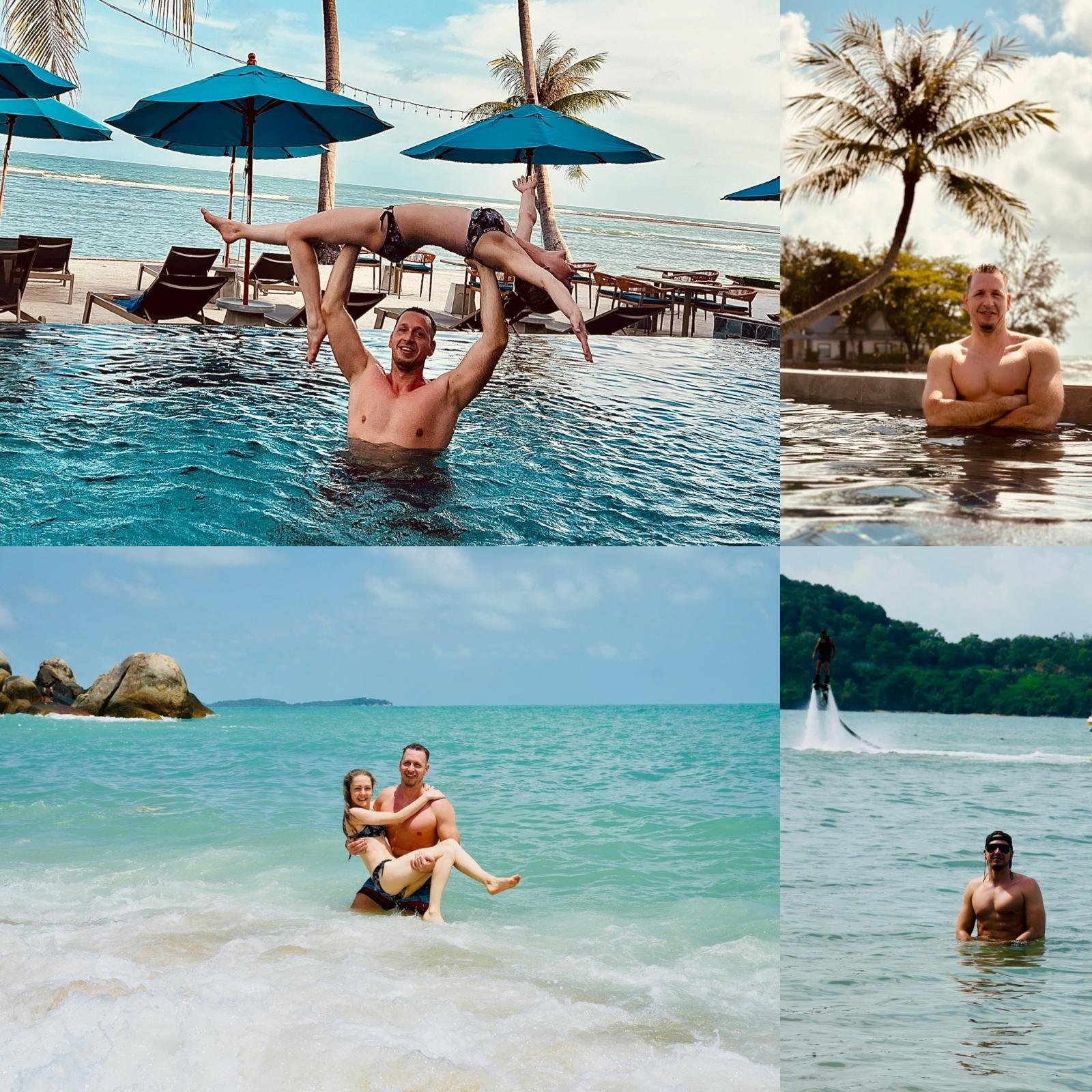 tropical beach Koh Samui with palm trees and clear turquoise water, bright sunny day